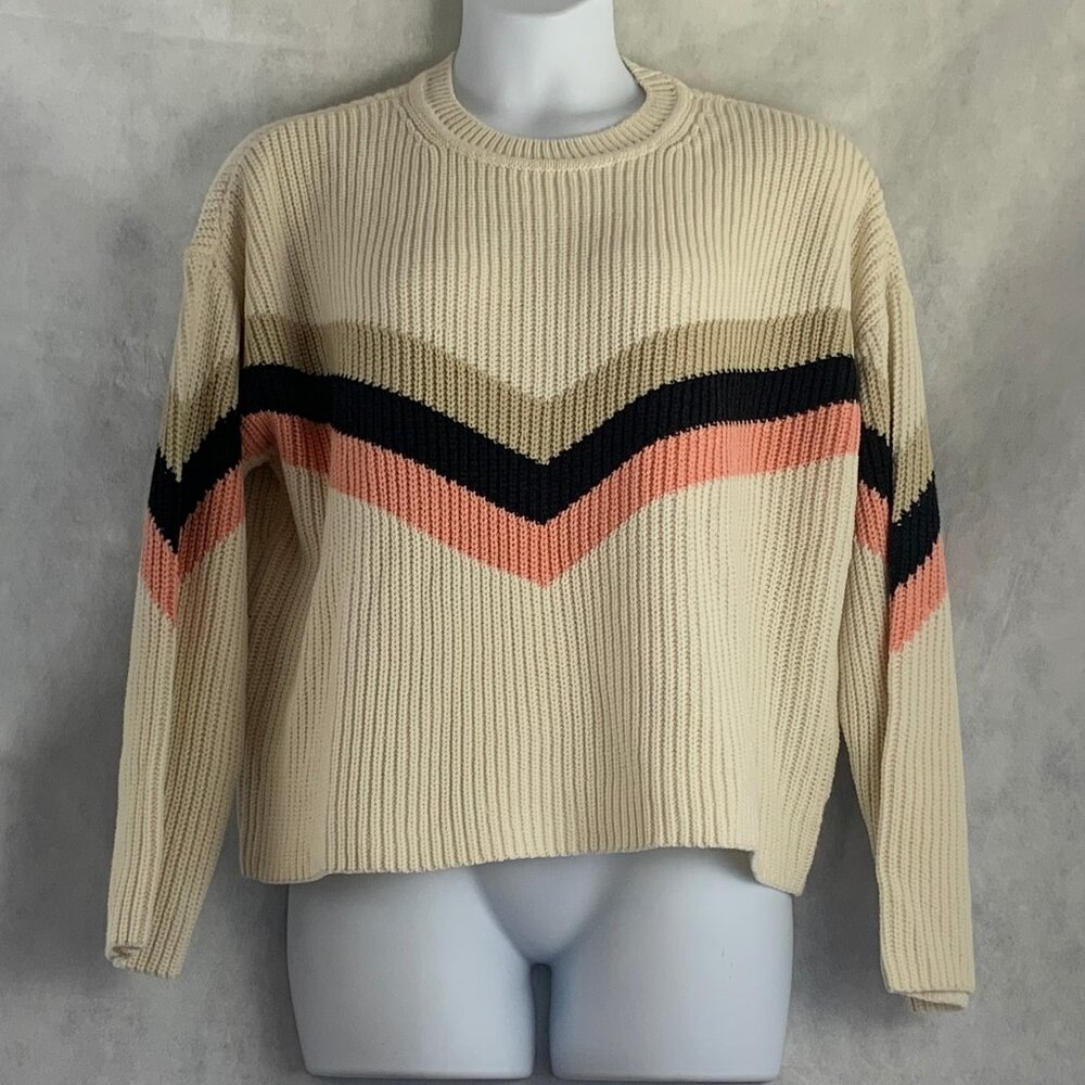 Sanctuary Women's Apres Pullover Relaxed Fit Ski Sweater, Beige Multi Stripe, XL